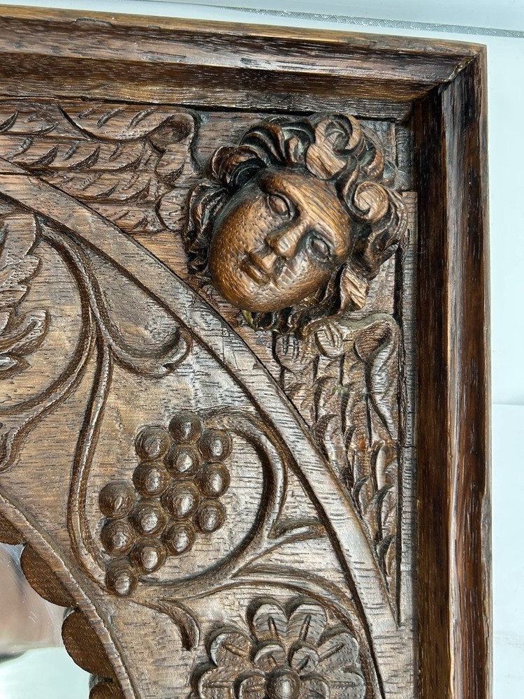 Antique 19th C. Renaissance Carved Oak Mirror with Faces