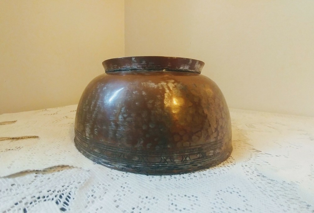 Antique Middle Eastern Hammered Copper Footed Bowl Marked