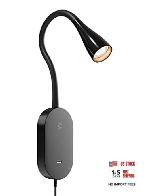 LED Wall Mount Reading Light for Bed, Reading Lamp with USB Output 5 Black