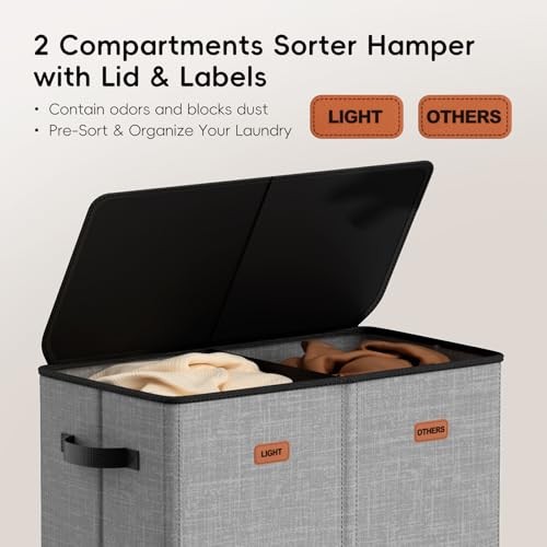150L Double Laundry Hamper With Lid, Large Clothes 150L - 2 Section Grey