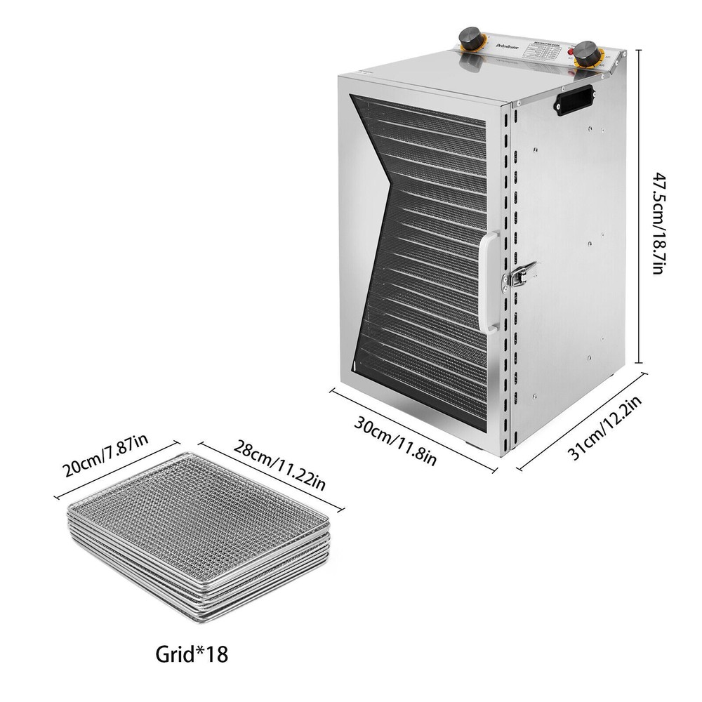 18 Trays Food Dehydrator Machine Stainless Steel Adjustable Temp & Timer