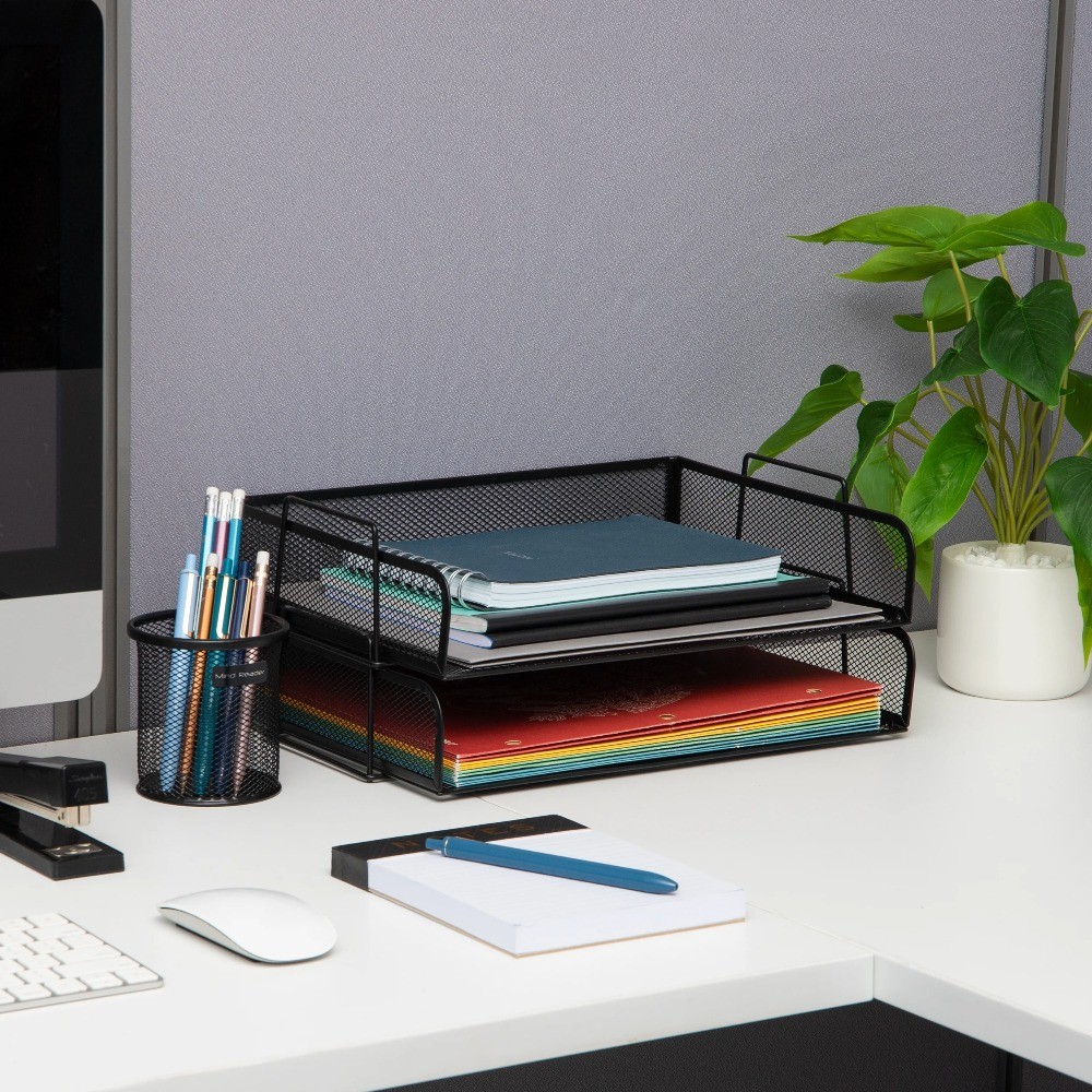 Stackable Paper Tray, Desktop Organizer, Storage, Office, Metal, 2 Pcs., Silver