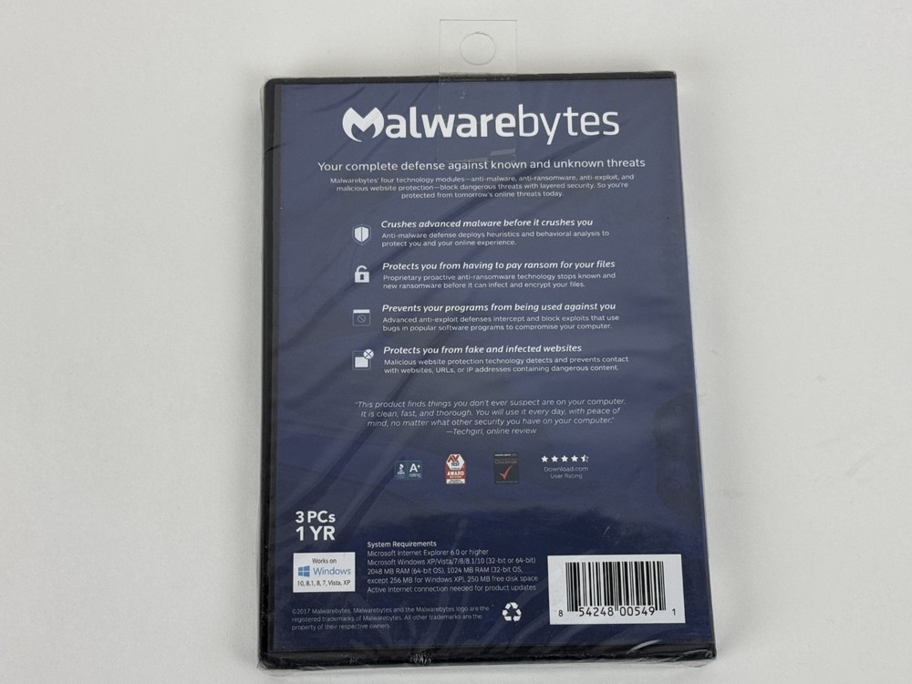 Malwarebytes 3PCs 1 year, compatible with Windows 10