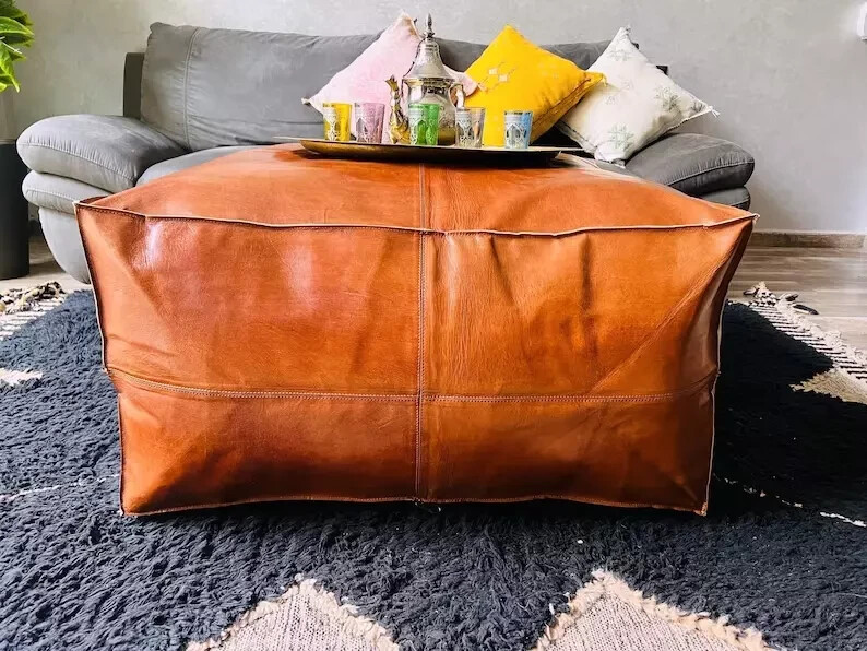 Square Goat Classic Moroccan Footstool Boho Leather Handmade Ottoman Pouffe