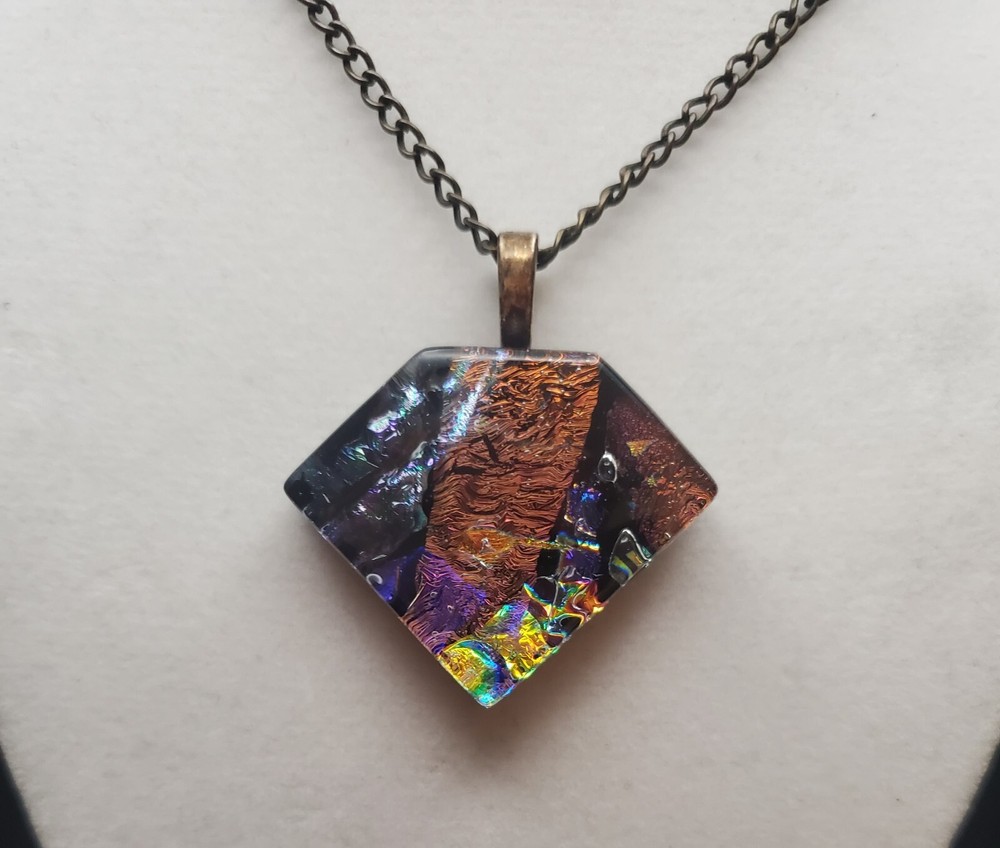 Multi Color Diamond Shaped Dichroic Glass Pendant On Chain Necklace