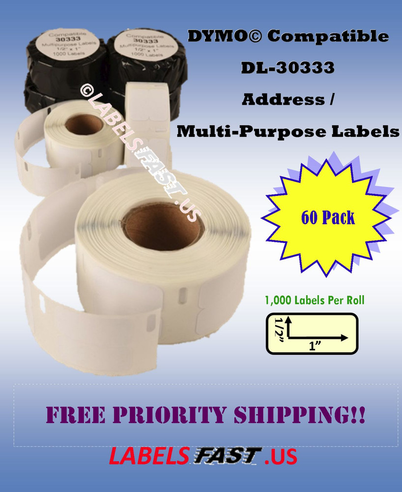 60 Rolls Dymo Compatible Thermal Print 30333 Multipurpose 1000 Labels per Roll