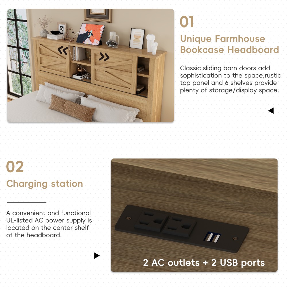 Full Platform Bed Set w/Storage Headboard & Charging Nightstand Dresser