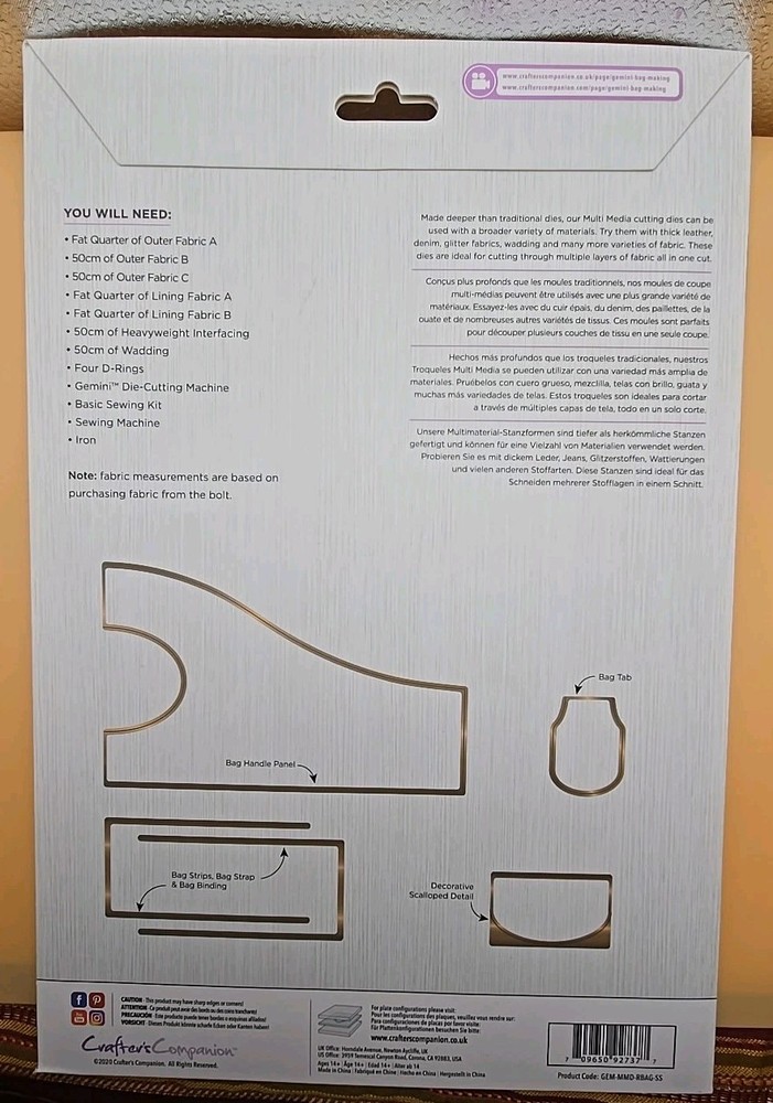 Gemini "Bag Making Dies"Pattern & Instruction kit By Crafter's Companion
