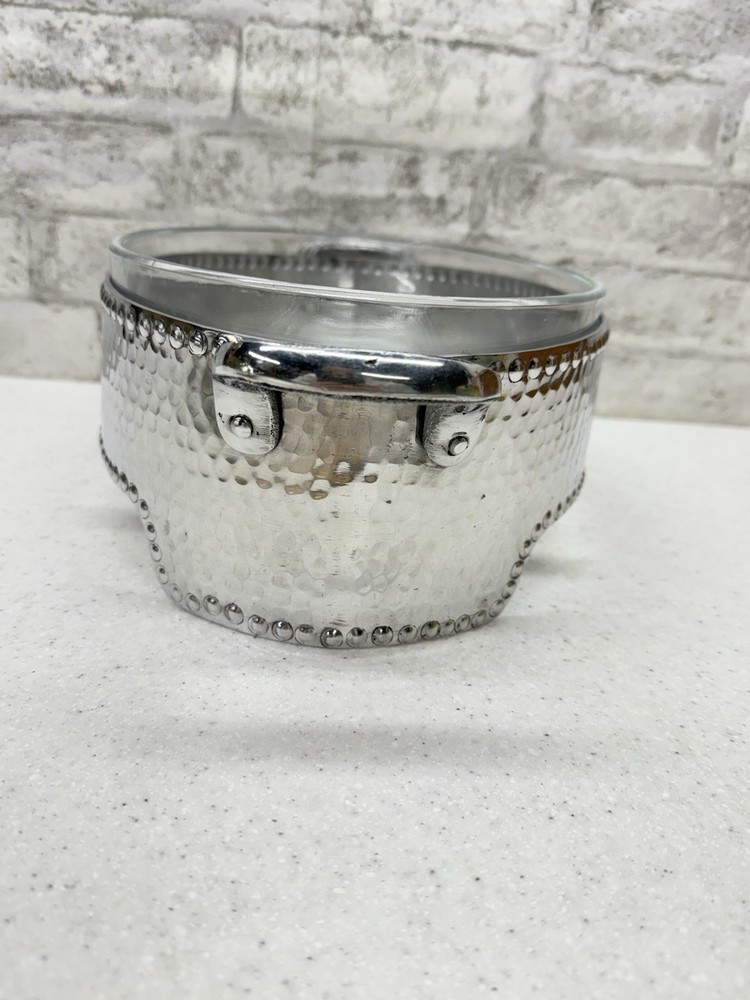 Hammered Decorative Silverplate Casserole Serving Dish with Glass Bowl Insert