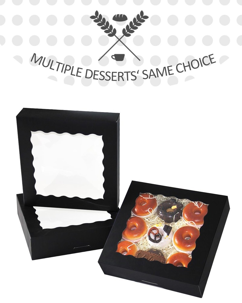 12 Pack Black Pie Boxes With Window 9x9x2.5 Inch Cookie Donut Auto Pop Up
