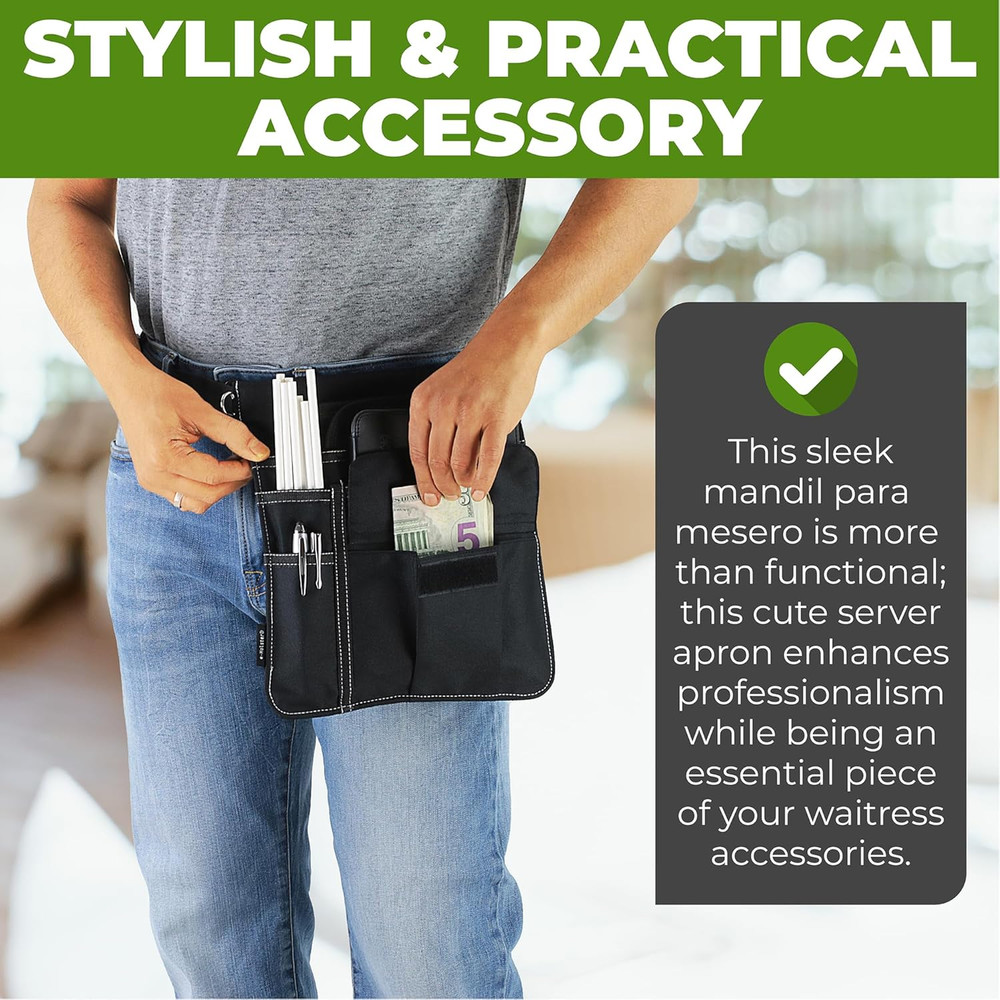 Waitress Apron with 5 Pockets - Black Server Apron with Adjustable/Removable Wai
