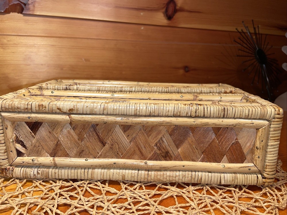 Vintage Tissue Box Cover Holder Bamboo Rattan Wicker Coastal Boho Rectangular
