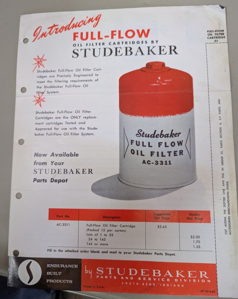 Studebaker Accessories Oil Filter Flyer