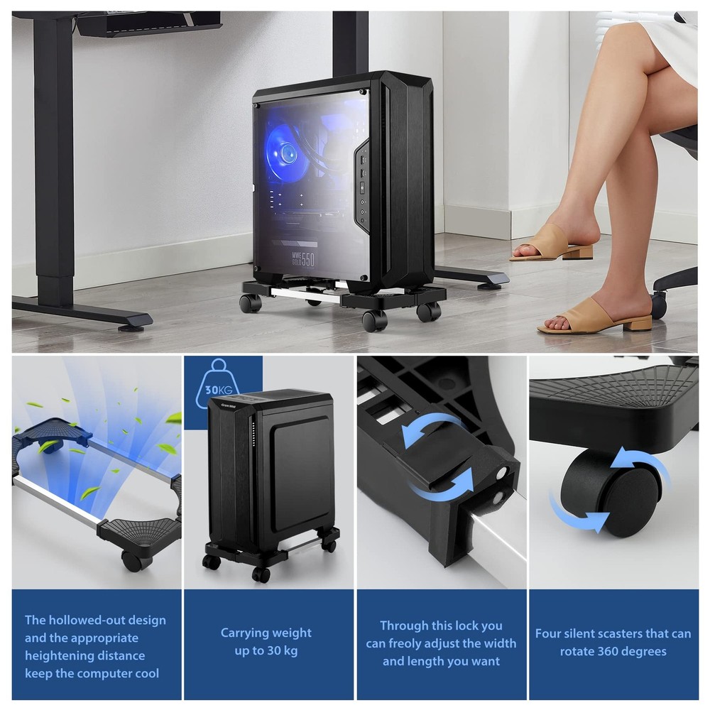 Mobile CPU Tower Stand with Adjustable Height and 4 Rolling Casters