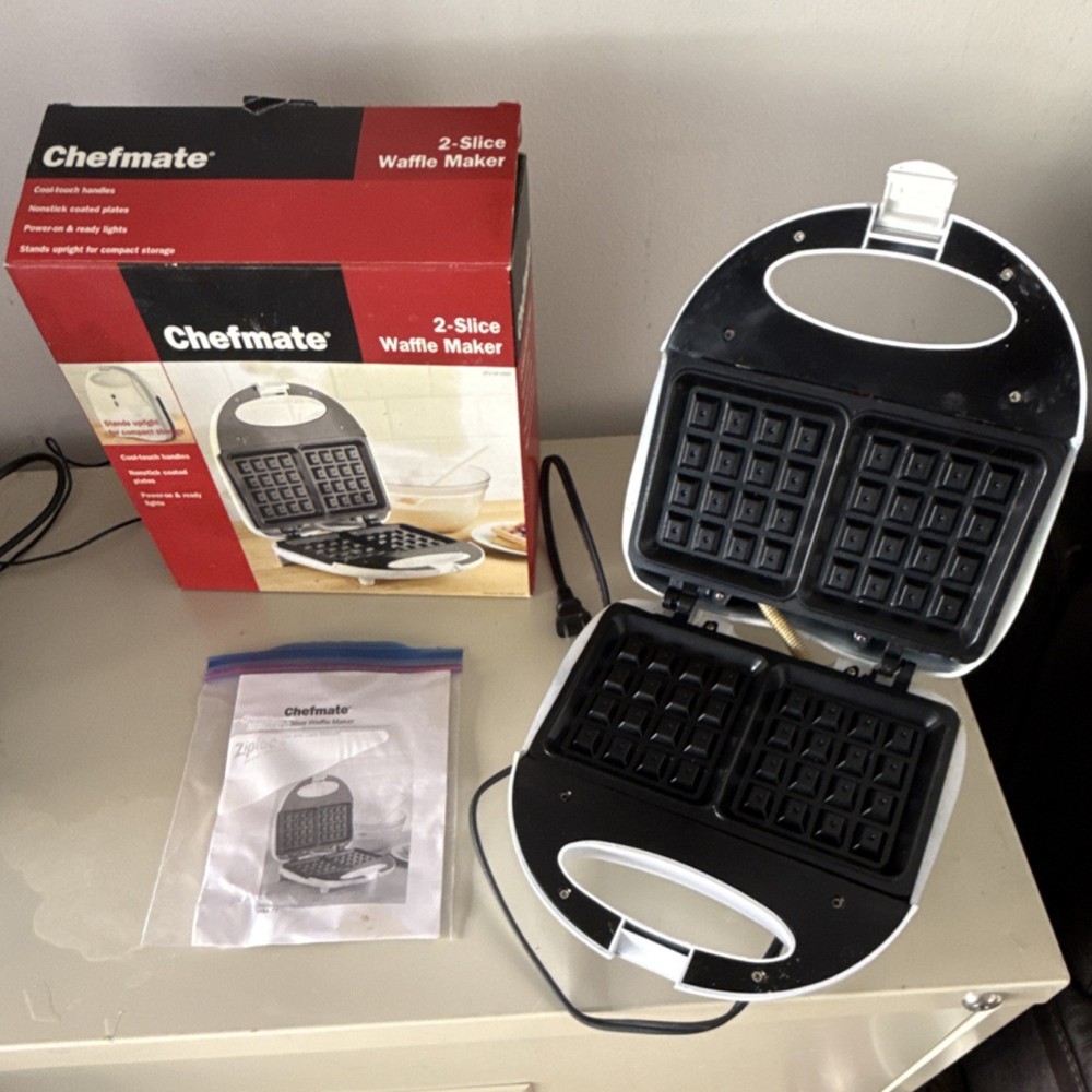 Chefmate 2-Slice Electric Waffle Maker, Non-Stick, Cool Touch, Black/White