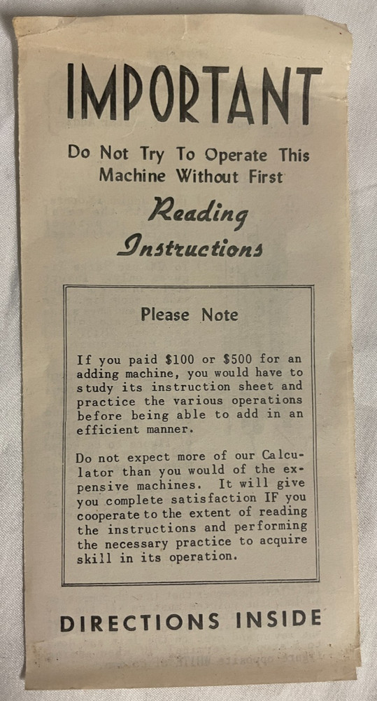 Tom Thumb Hand Adding Machine, Original Stylus, Sleeve, & Instructions