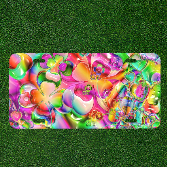 Custom Personalized License Plate Auto Tag With Wacky Rainbow Four Leaf Clovers