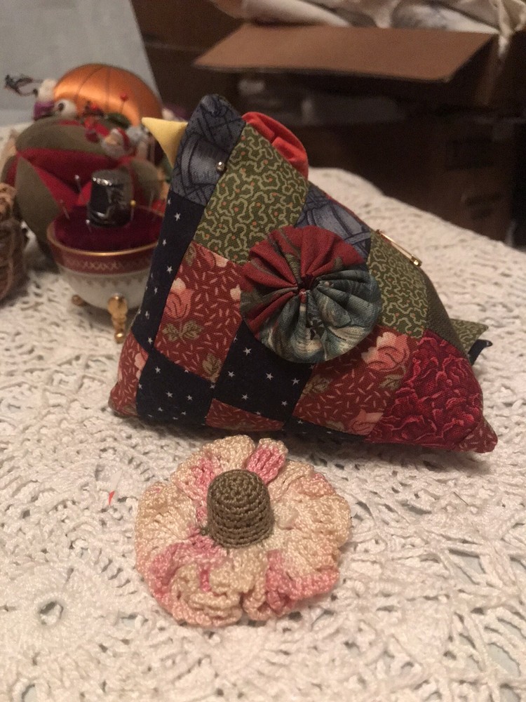 vintage patchwork pin cushion with crocheted Thimble cover & Thimble