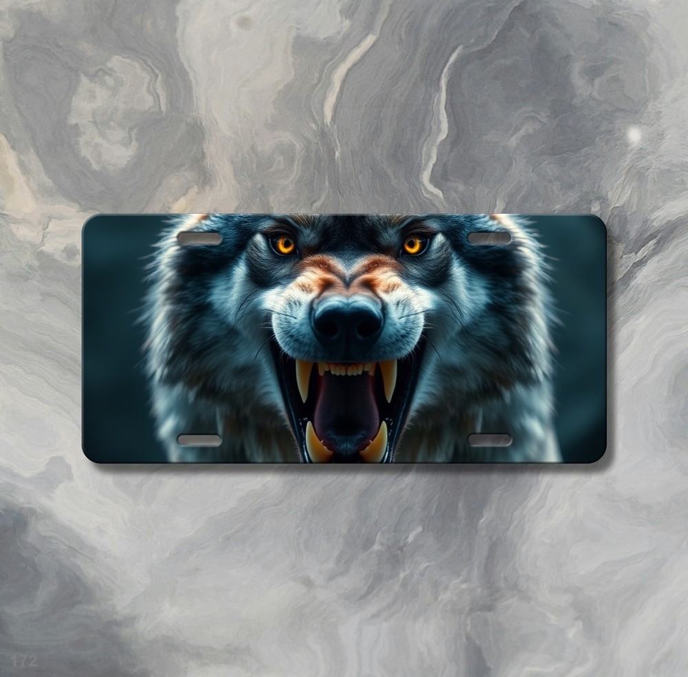 Aggressive Wolf License Plate Fierce Expression Optional Text Front Plate Unique