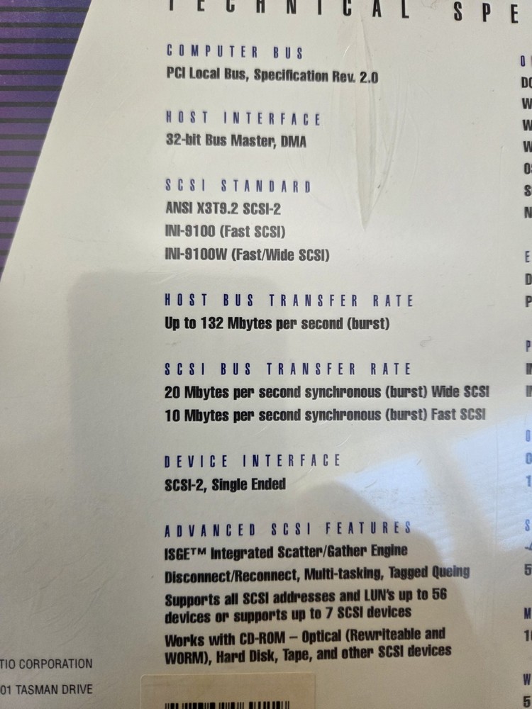 PCI SCSI Bus Master Host Adapter High Performance Sealed