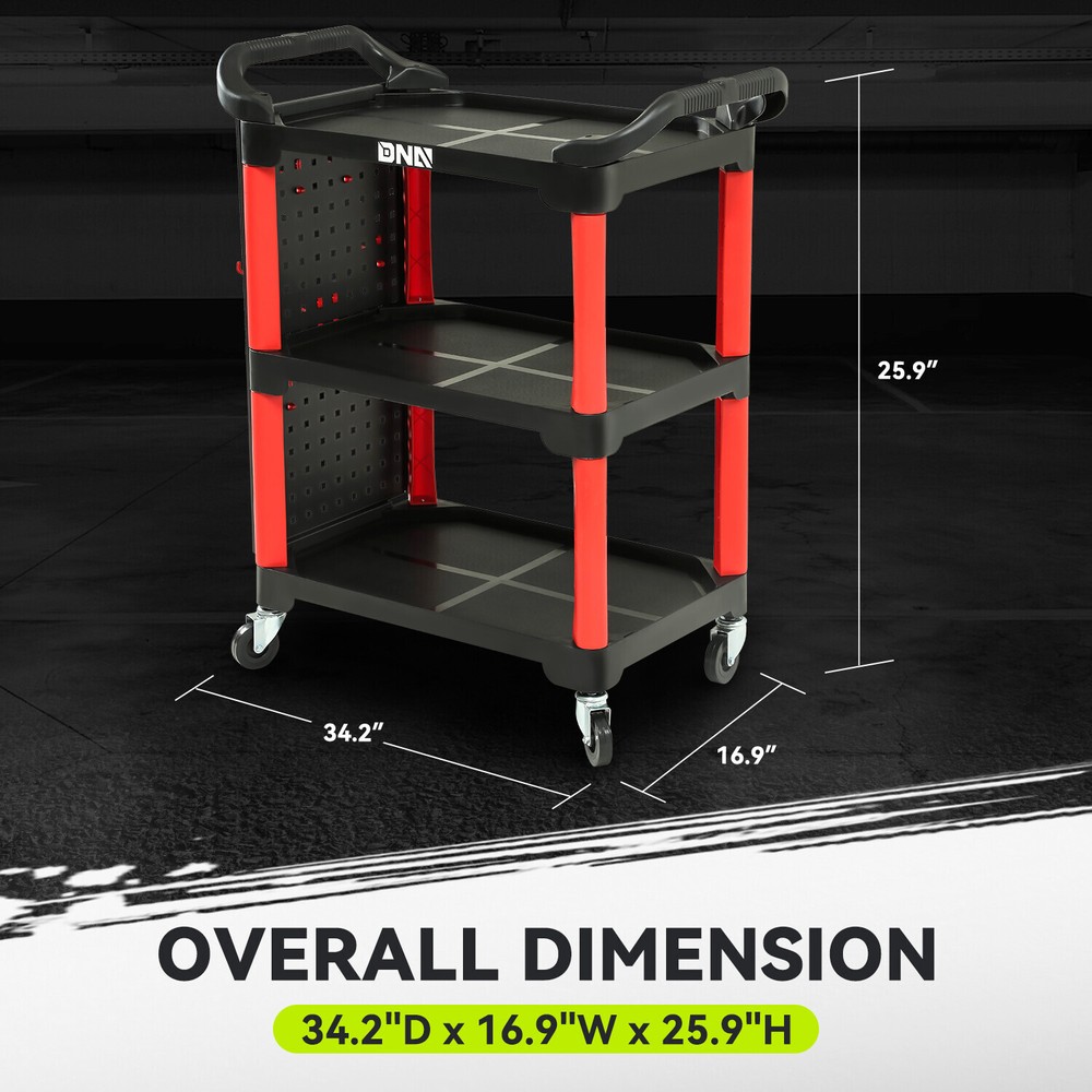 3-Level 260 LBS w/ Hanging Board Mobile Casters Composite Workshop Tool Trolley