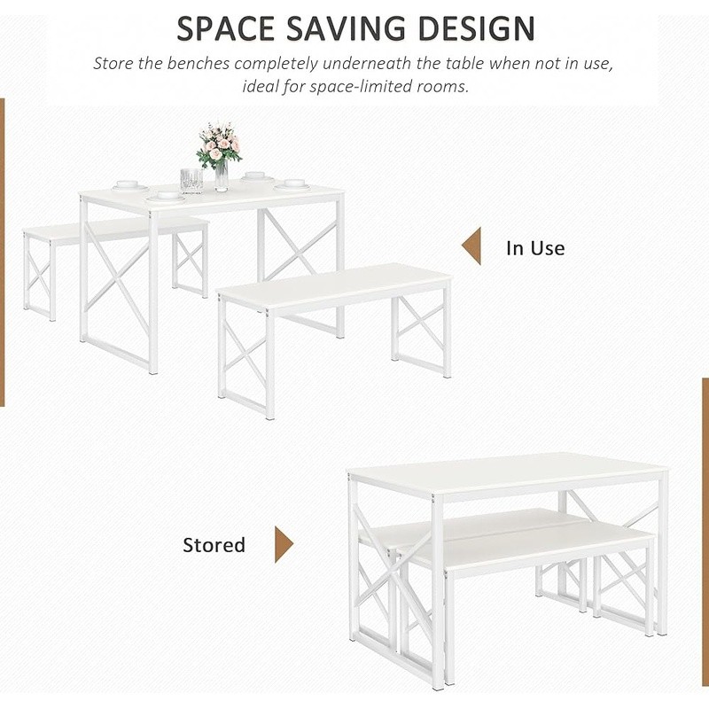 Space Saving Dining Table Set W/ 2 Benches Sturdy Waterproof Easy Assembly New