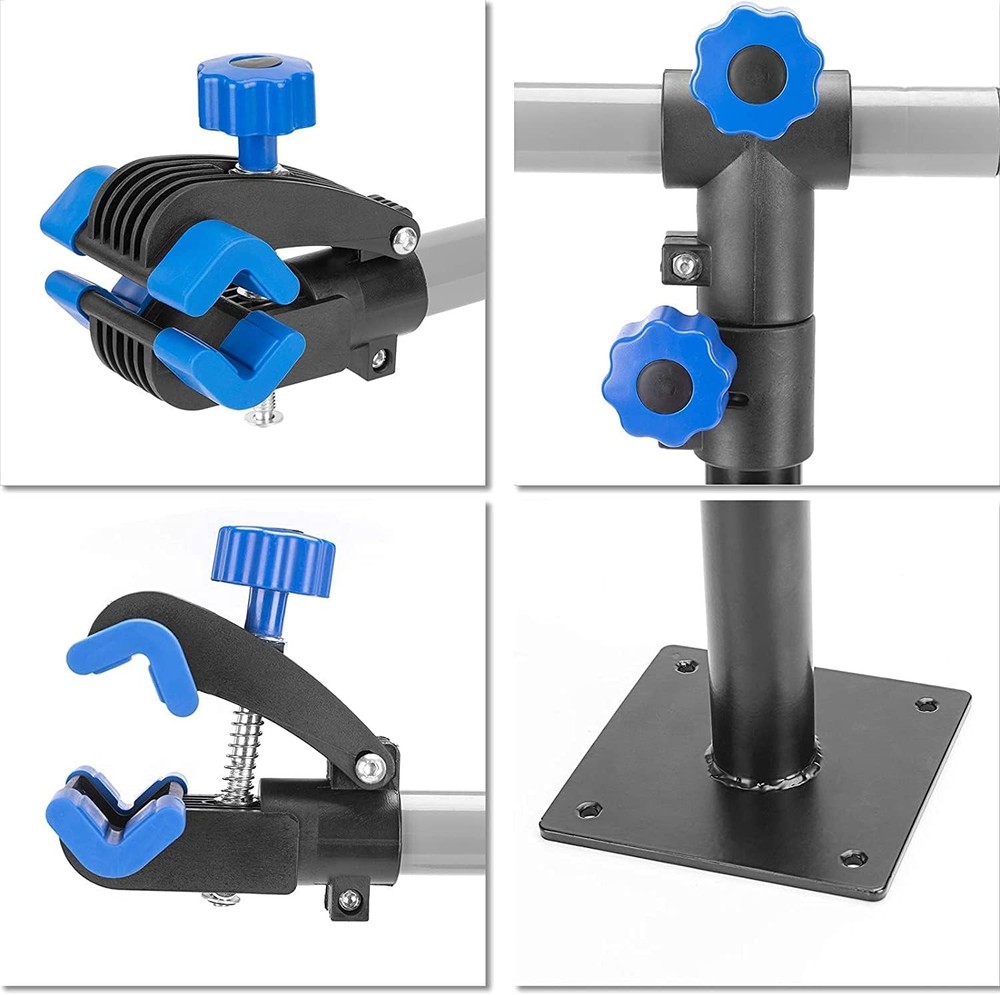 Wall-mounted adjustable bicycle repair stand.