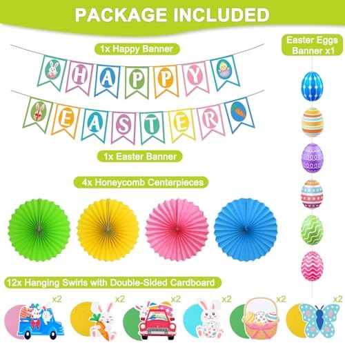 Easter Decorations - Happy Easter Banner, Egg Bunny Garland, Hanging Swirl