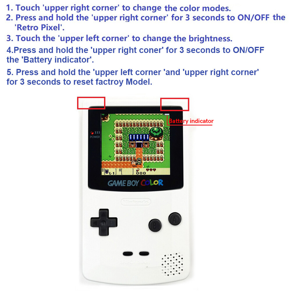 Retro Pixel Large Size IPS Backlight LCD Screen For Game Boy Color GBC Console