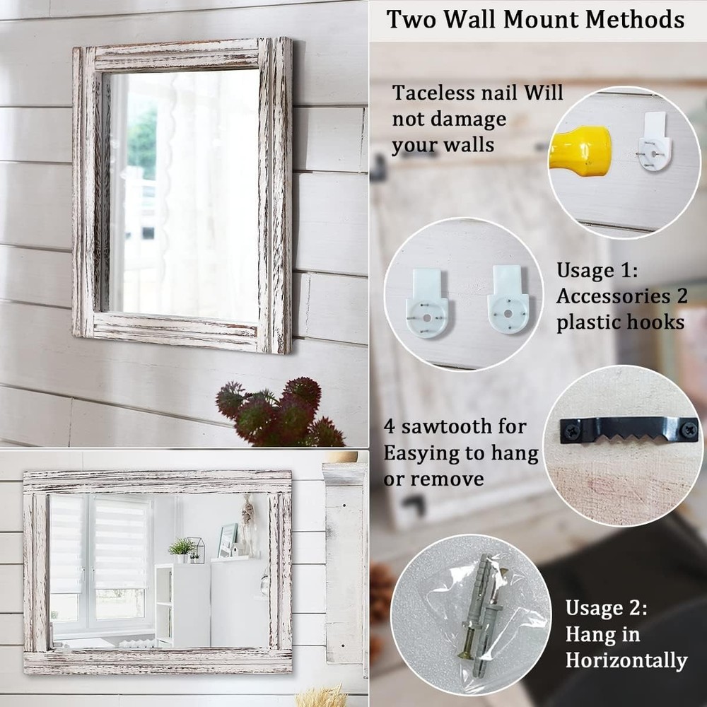 Rustic Mirror Wood Framed Wall Mirror 20"x16" Rectangle Decorative Bedroom Ba...