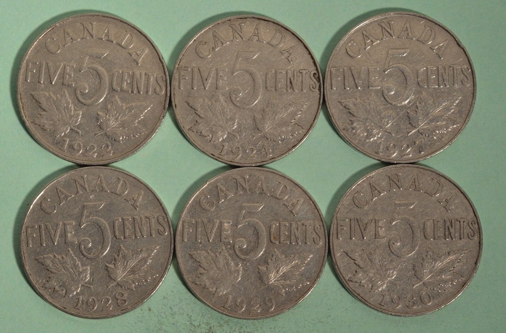 1922 - 1930  Canada 5 cents  - 6 different dates - Nice Starter Set