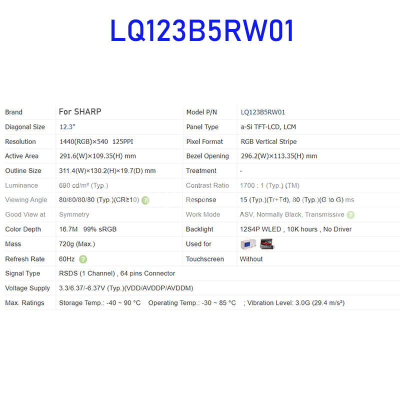 LQ123B5RW01 12.3" LCD Display Screen Panel Original For Sharp Brand New Tested