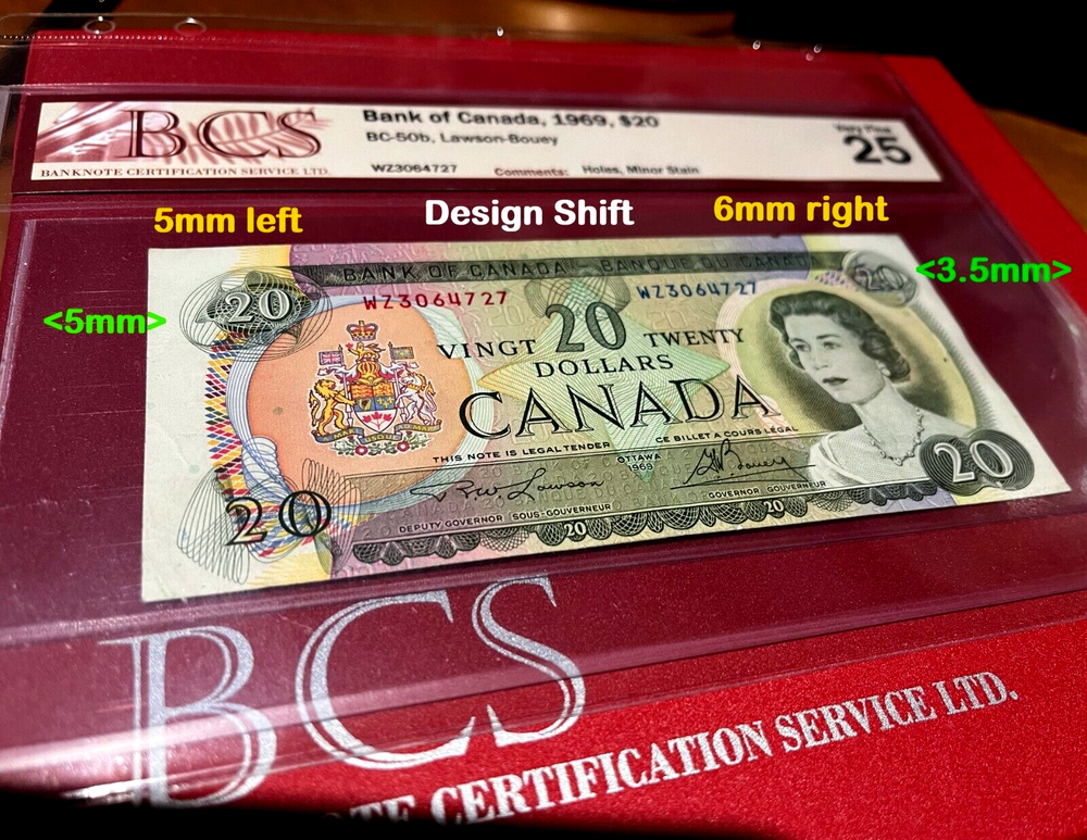 MISCUT/MIS-ALIGNED 1969 $20-BCS Certification Very Fine BC-50b