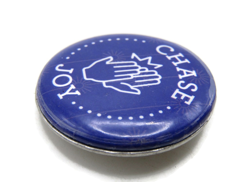 "Chase Joy" Pinback Button Inspirational Slogan High Five Hands Blue White