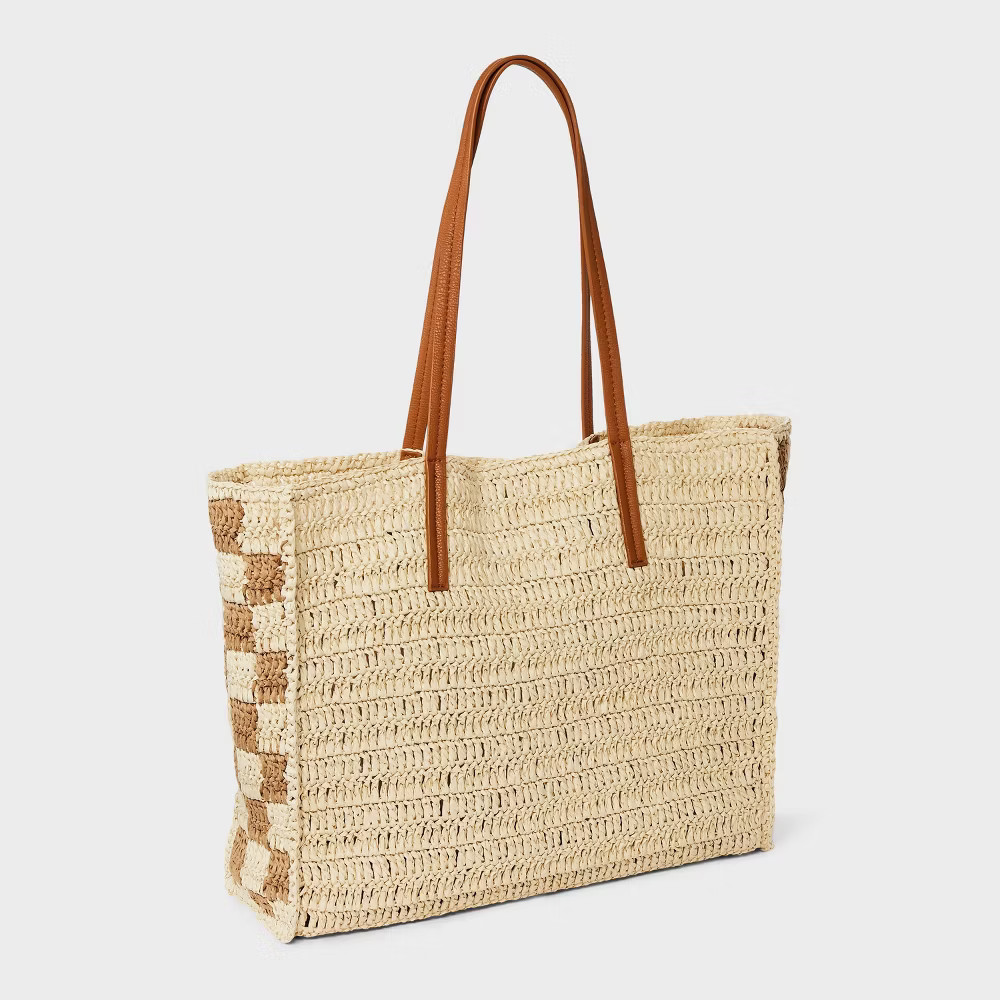 Straw Packable Checker Boxy Tote Handbag - Universal Thread Beige