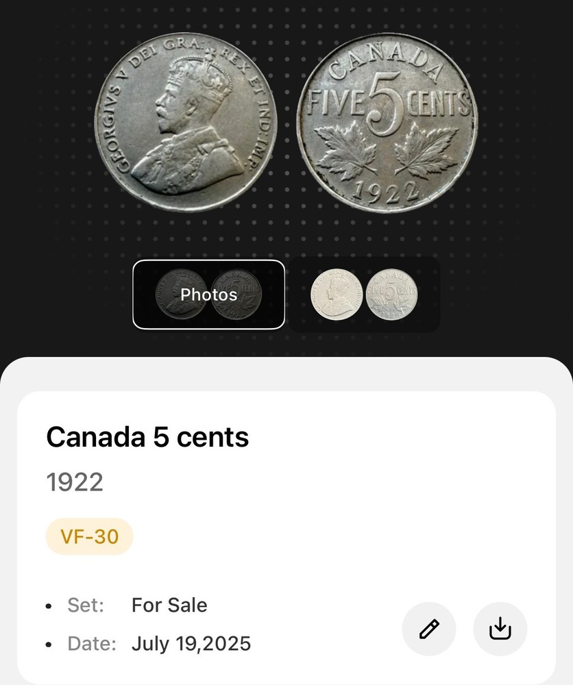 1922 Canada 🇨🇦 5 Cent ~ (VF) Condition