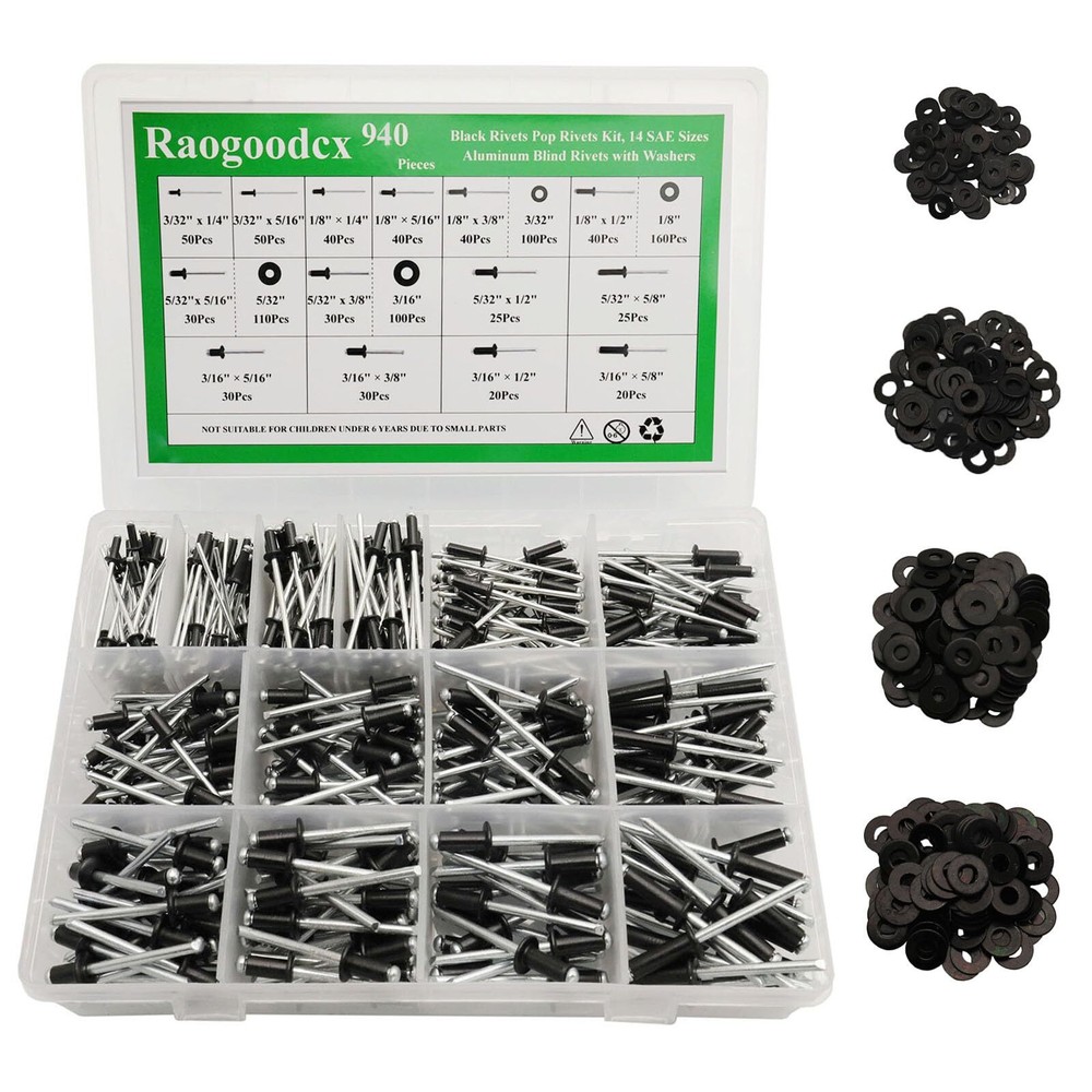940Pcs Black Rivets with Washer14 Sizes Pop Rivets Assortment KitBlind Alumin...