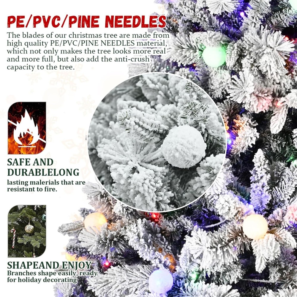 Artificial 7.5ft Flock Christmas Tree 1523 Mixed Branch Tips 400 lights Decor