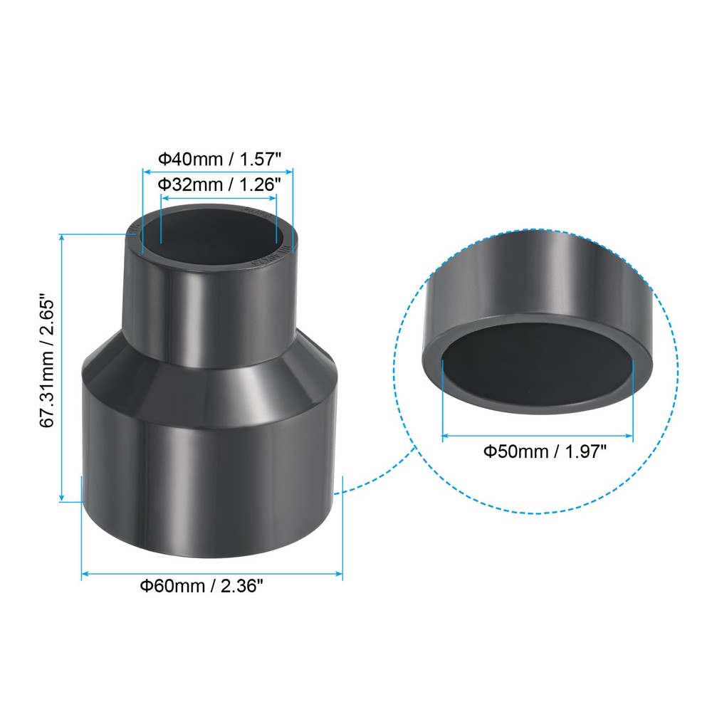 PVC Reducer Pipe Fitting 2x1.3" Socket Coupling Adapter Connector, Grey