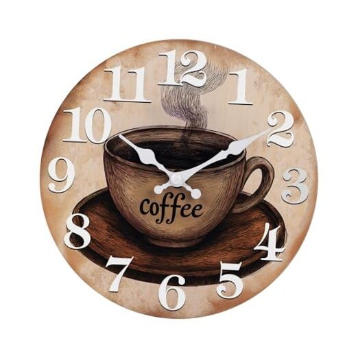 Kitchen Wall Clock Coffee Cup Theme Rustic Modern Glass Clock for 12" Brown