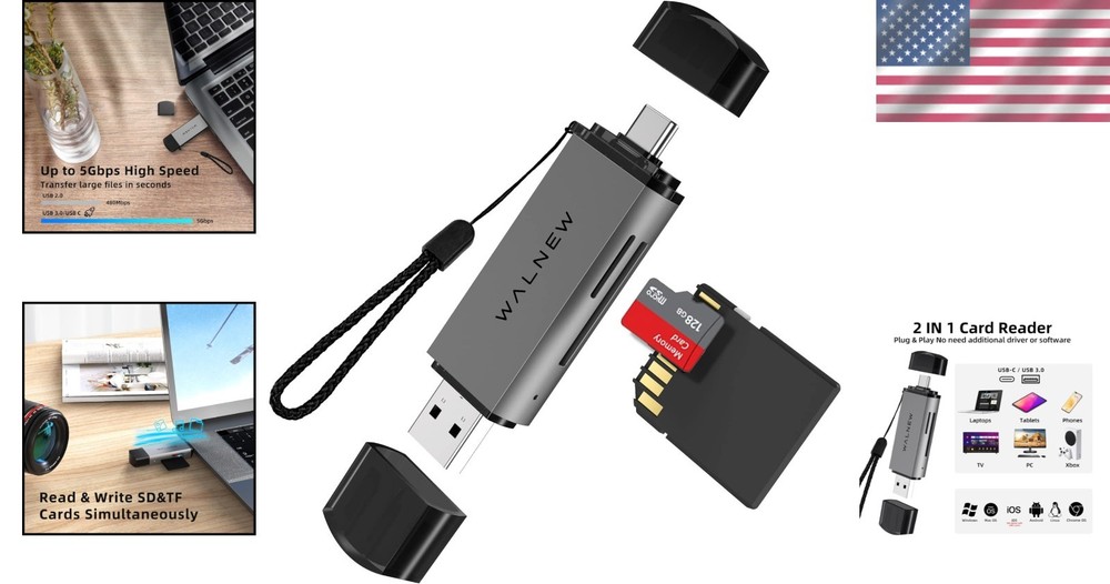 USB 3.0/USB-C SD Card Reader with Dual Slots - Plug & Play Versatility