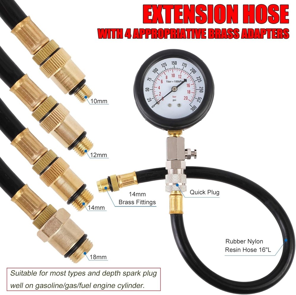 Compression Tester Kit, Small Engine Cylinder Test Pressure Gauge Red Case