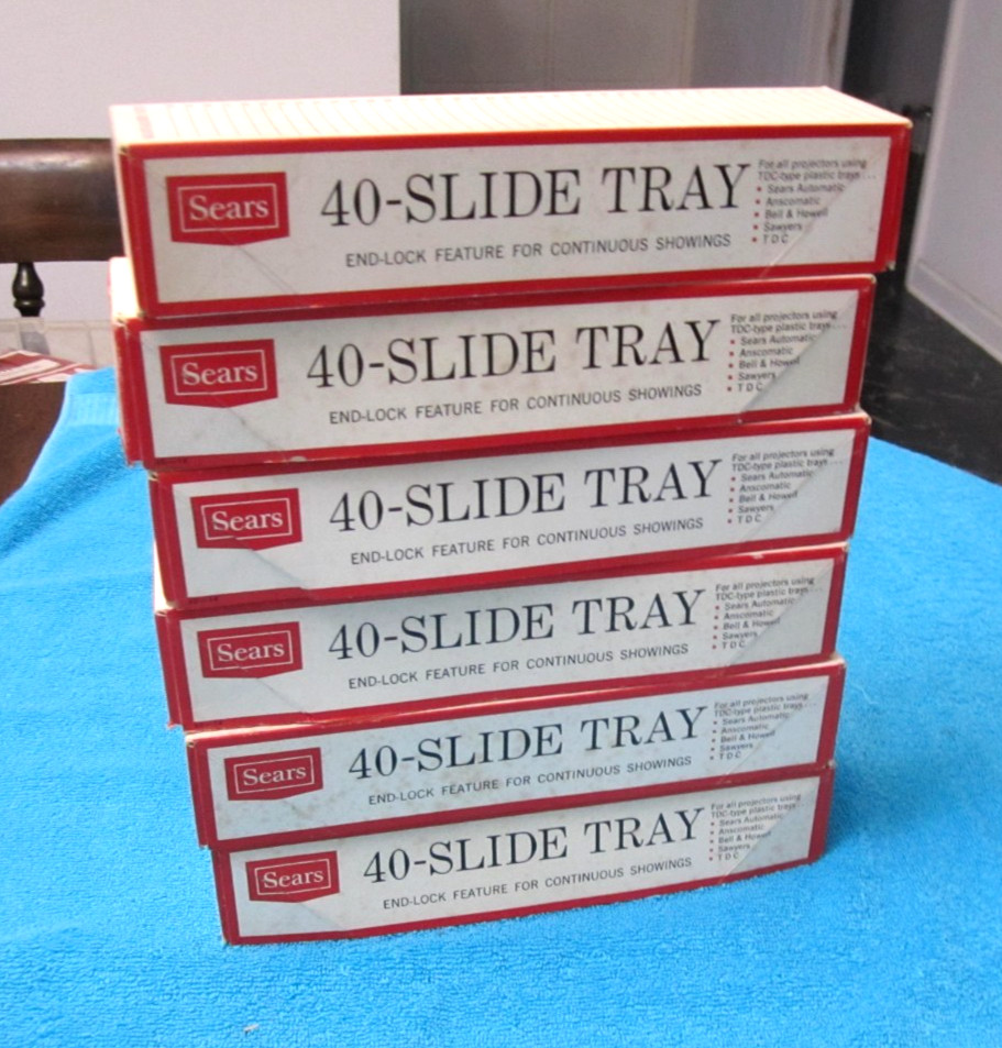 6 SEARS 40-SLIDE TRAYS with END-LOCK FEATURE FOR CONTINUOUS SHOWING