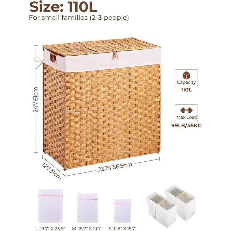Handwoven Laundry Hamper Waterproof Removable Liner Easy Carry Divided Storage