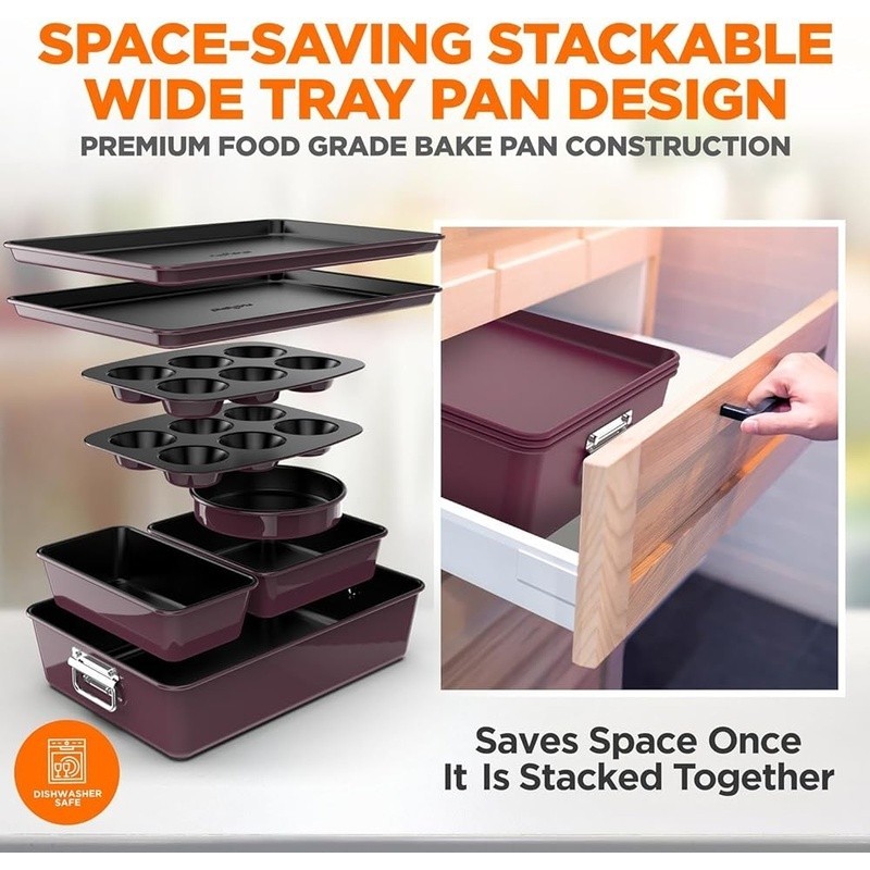 8 Piece Nonstick Bakeware Set Oven Safe Stackable Carbon Steel Dishwasher Safe