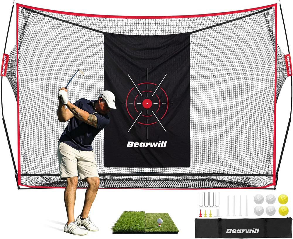 Bearwill Golf Net, 10x7ft Heavy Duty Golf Practice Nets with Mat, Target Cloth,