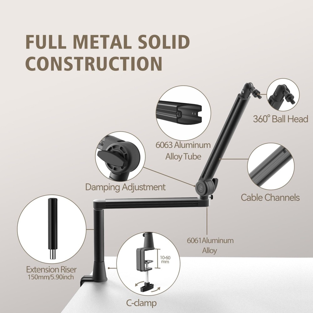Microphone Boom Arm, Low Profile Microphone Arm Stand with Cable Management, ...