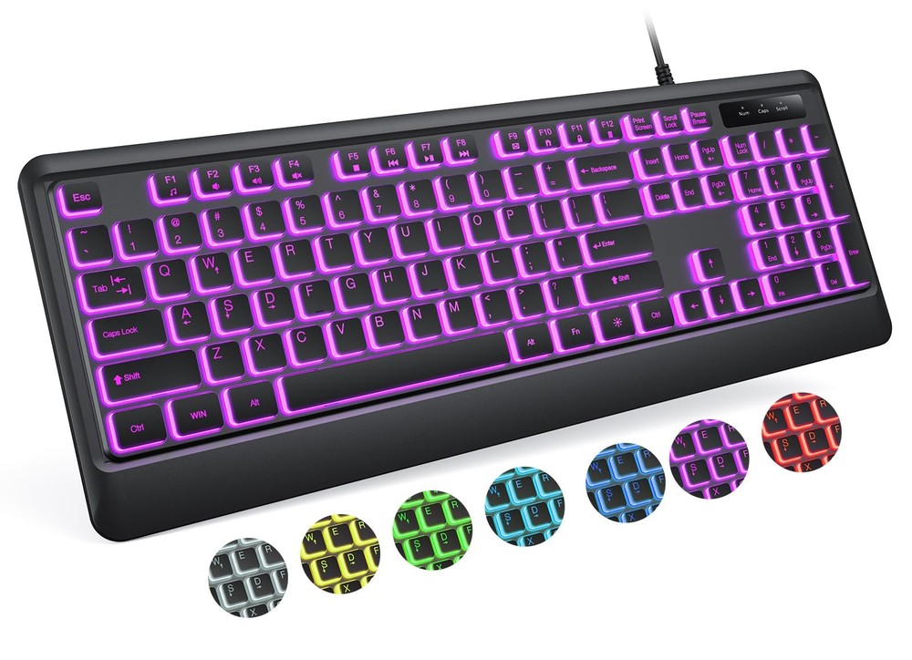 Wired USB LED Keyboard, 7 Colors Backlight, Full Size Quiet, Waterproof, PC