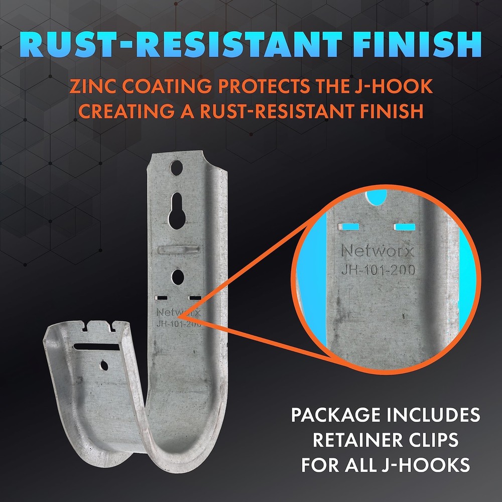 Networx 2" Wall Mount Galvanized Steel Cable Support J Hook with Retainer Cli...