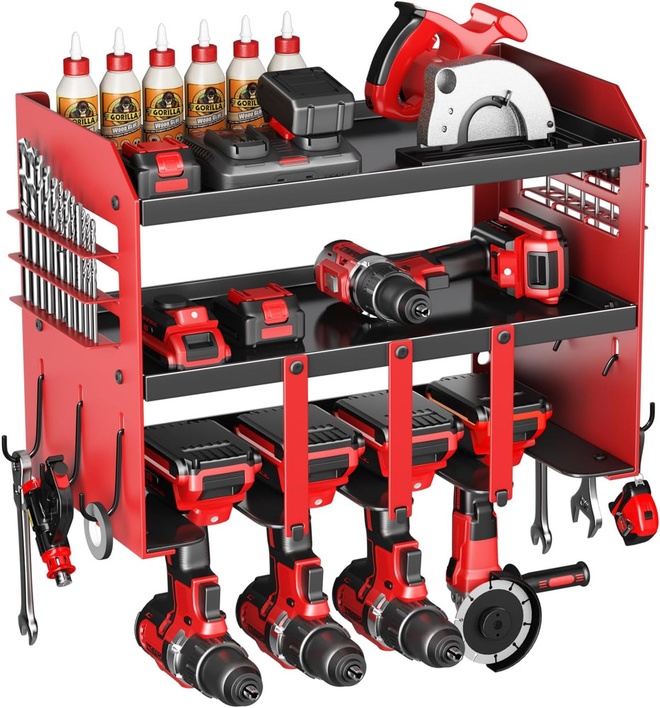 Power Tool Organizer Wall Mount - 120Lbs Load 3 Layers Storage Rack 4 Drill Hold